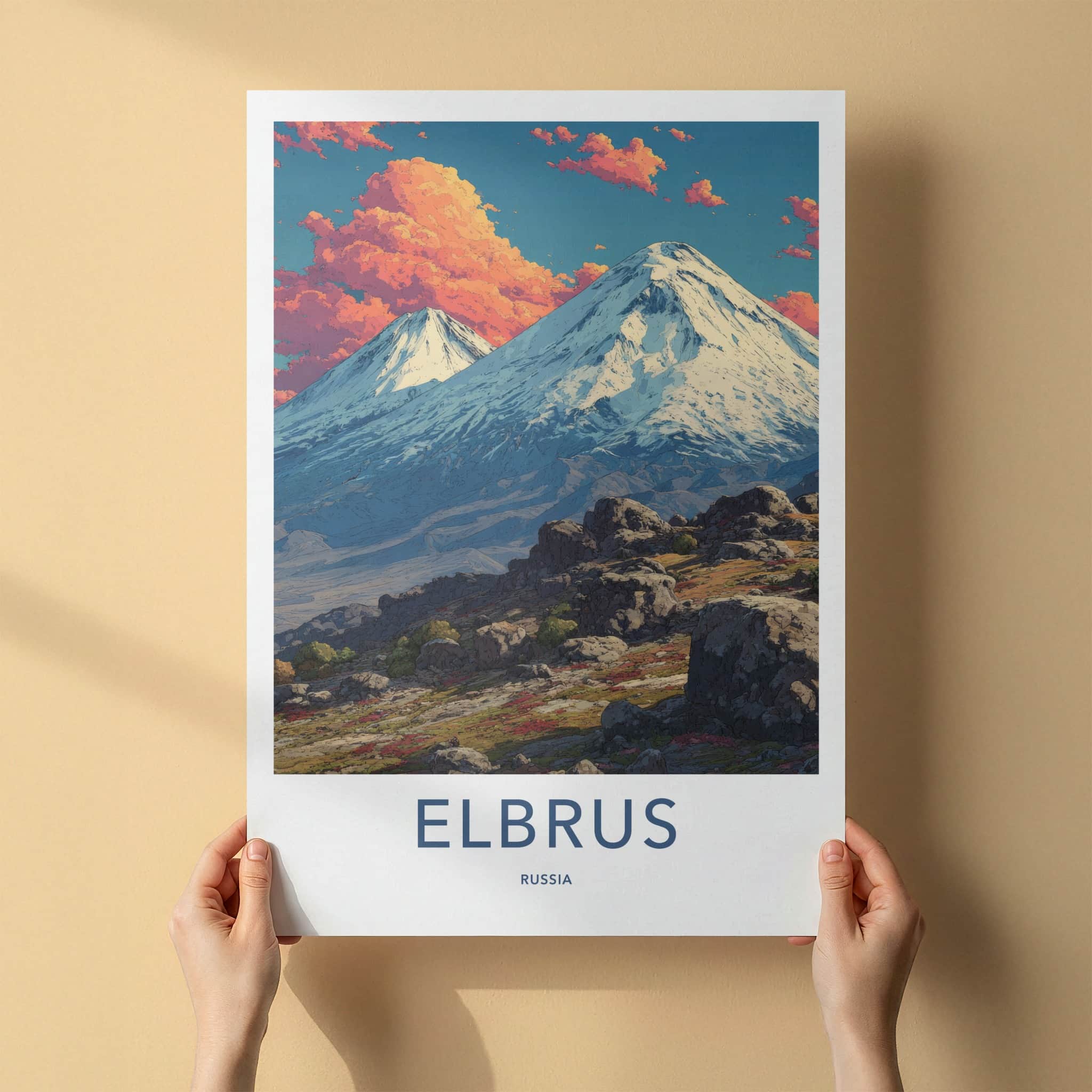 Elbrus Poster - Russia Art Print - Snowy Mountain Orange Home Decor