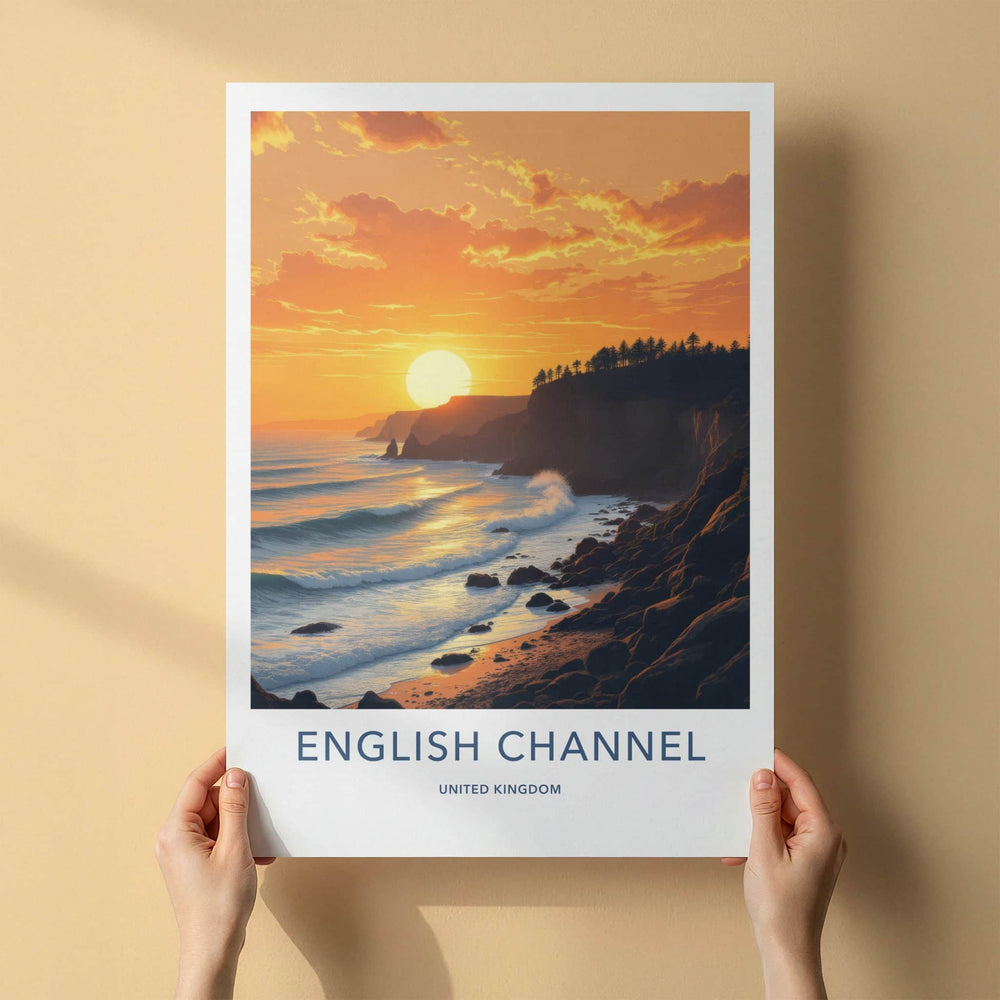 ENGLISH CHANNEL Poster - United Kingdom Art Print - Golden Coastal Sunset Home Decor