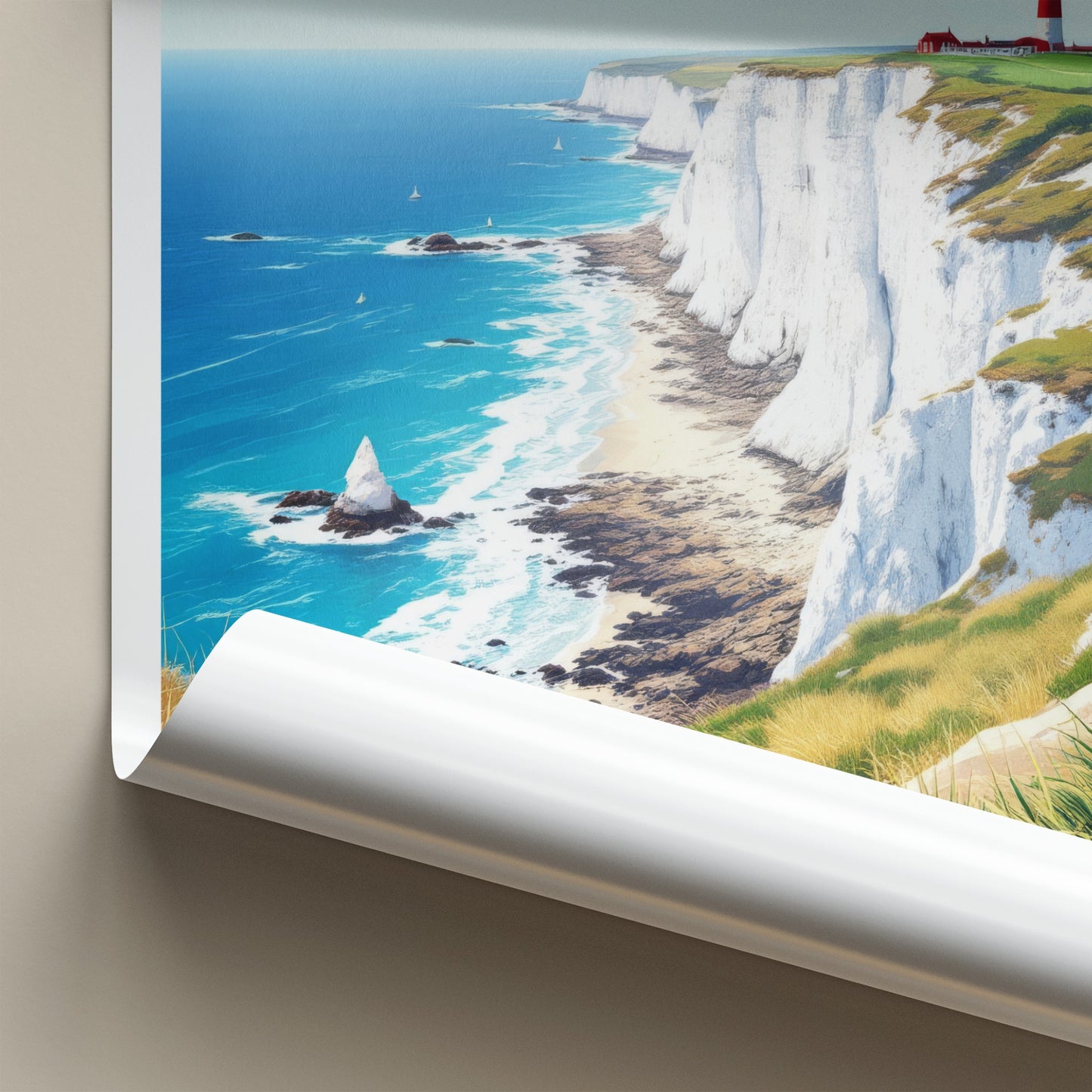 English Channel Poster - United Kingdom Travel Art - Lighthouse Cliffs Coast Home Decor