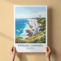 English Channel Poster - United Kingdom Travel Art - Lighthouse Cliffs Coast Home Decor
