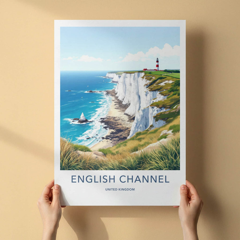 English Channel Poster - United Kingdom Travel Art - Lighthouse Cliffs Coast Home Decor