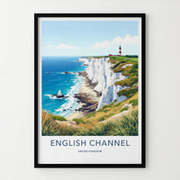 English Channel Poster - United Kingdom Travel Art - Lighthouse Cliffs Coast Home Decor