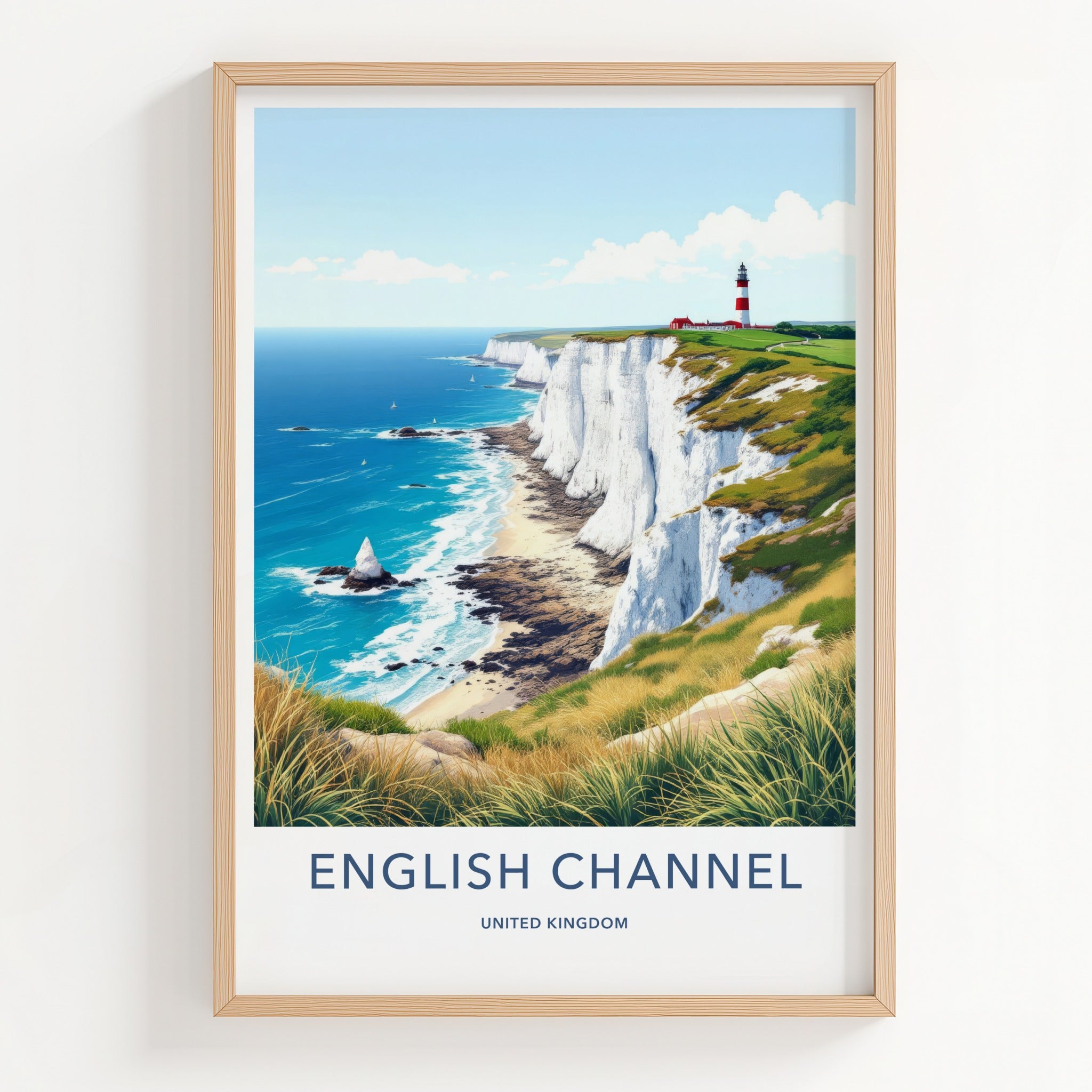 English Channel Poster - United Kingdom Travel Art - Lighthouse Cliffs Coast Home Decor