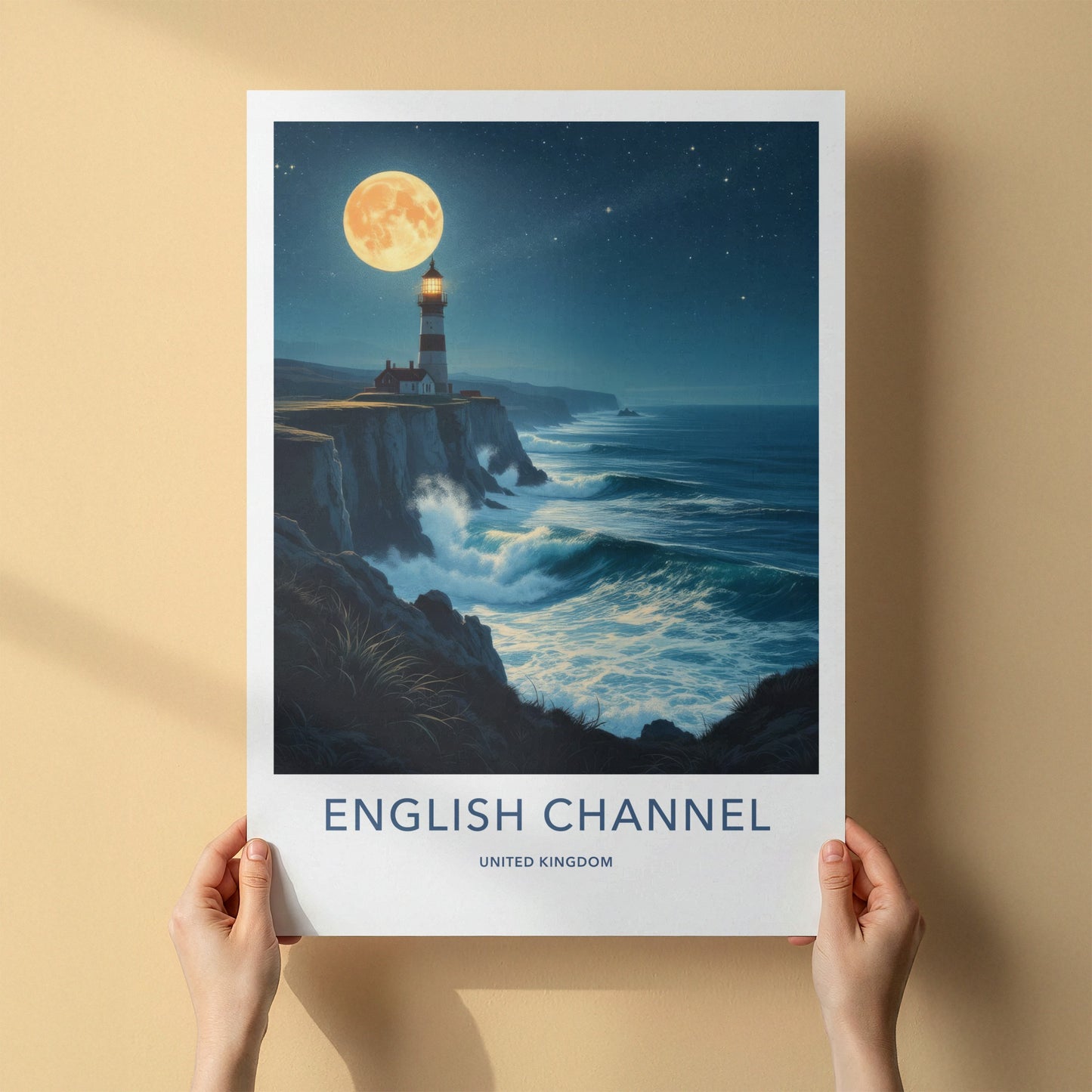 English Channel Poster - United Kingdom Travel Art - Moonlit Lighthouse Waves Home Decor