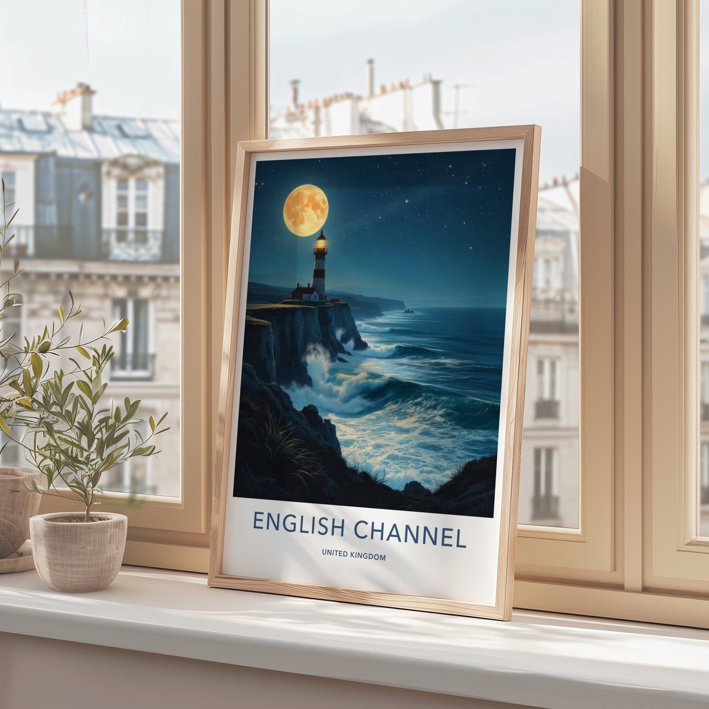 English Channel Poster - United Kingdom Travel Art - Moonlit Lighthouse Waves Home Decor