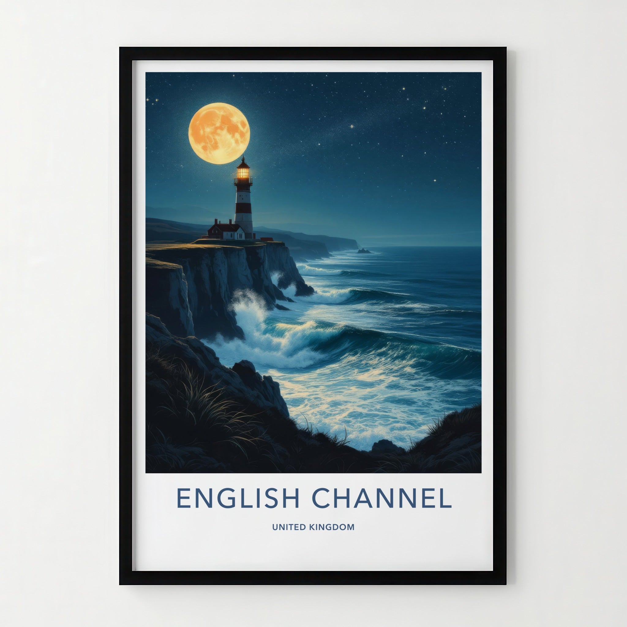 English Channel Poster - United Kingdom Travel Art - Moonlit Lighthouse Waves Home Decor
