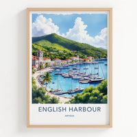 English Harbour Poster - Antigua Travel Print - Marina Yachts Green Hills Home Decor
