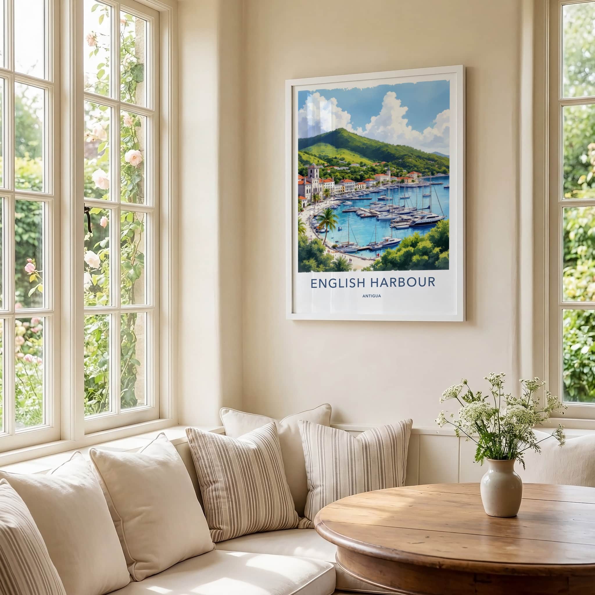 English Harbour Poster - Antigua Travel Print - Marina Yachts Green Hills Home Decor