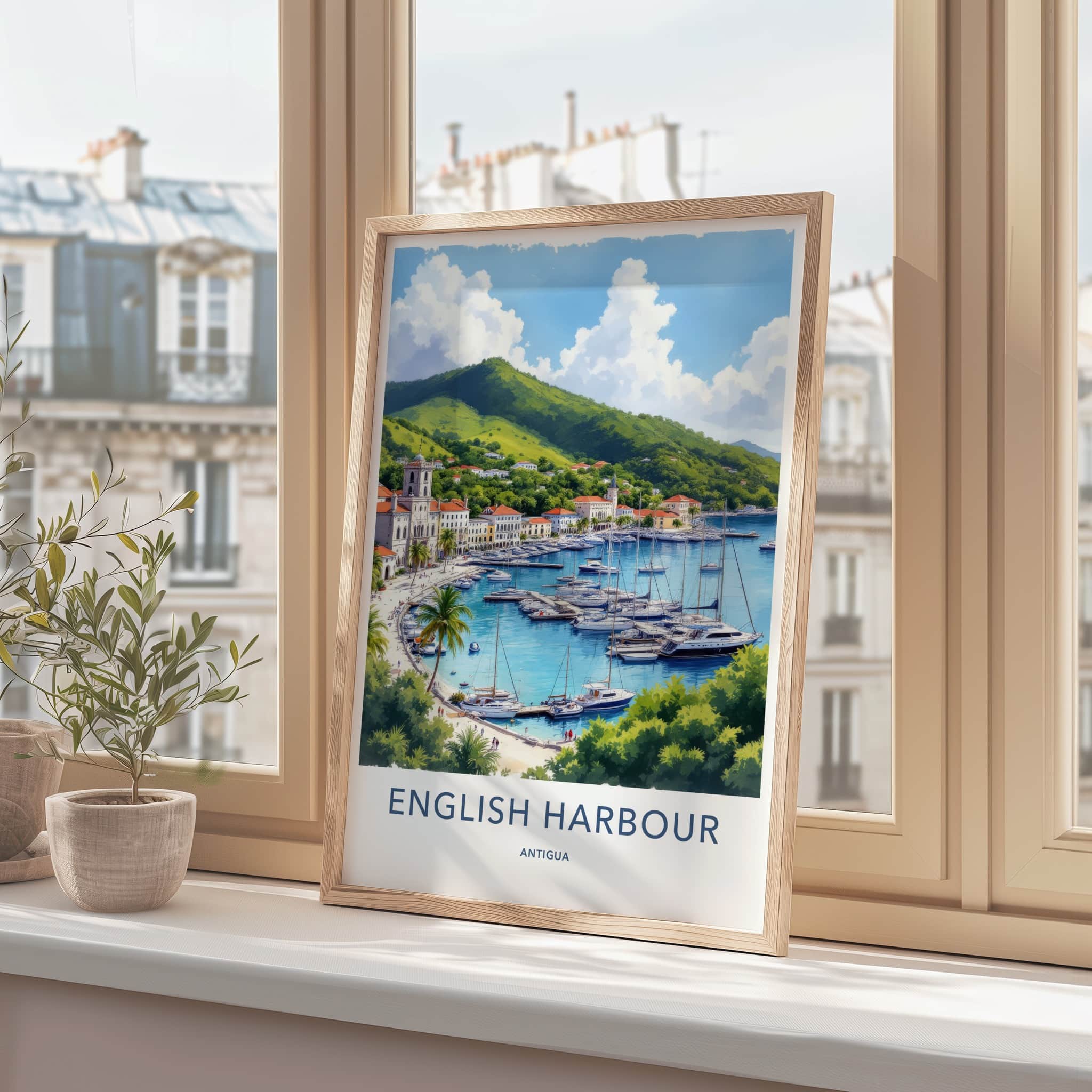 English Harbour Poster - Antigua Travel Print - Marina Yachts Green Hills Home Decor