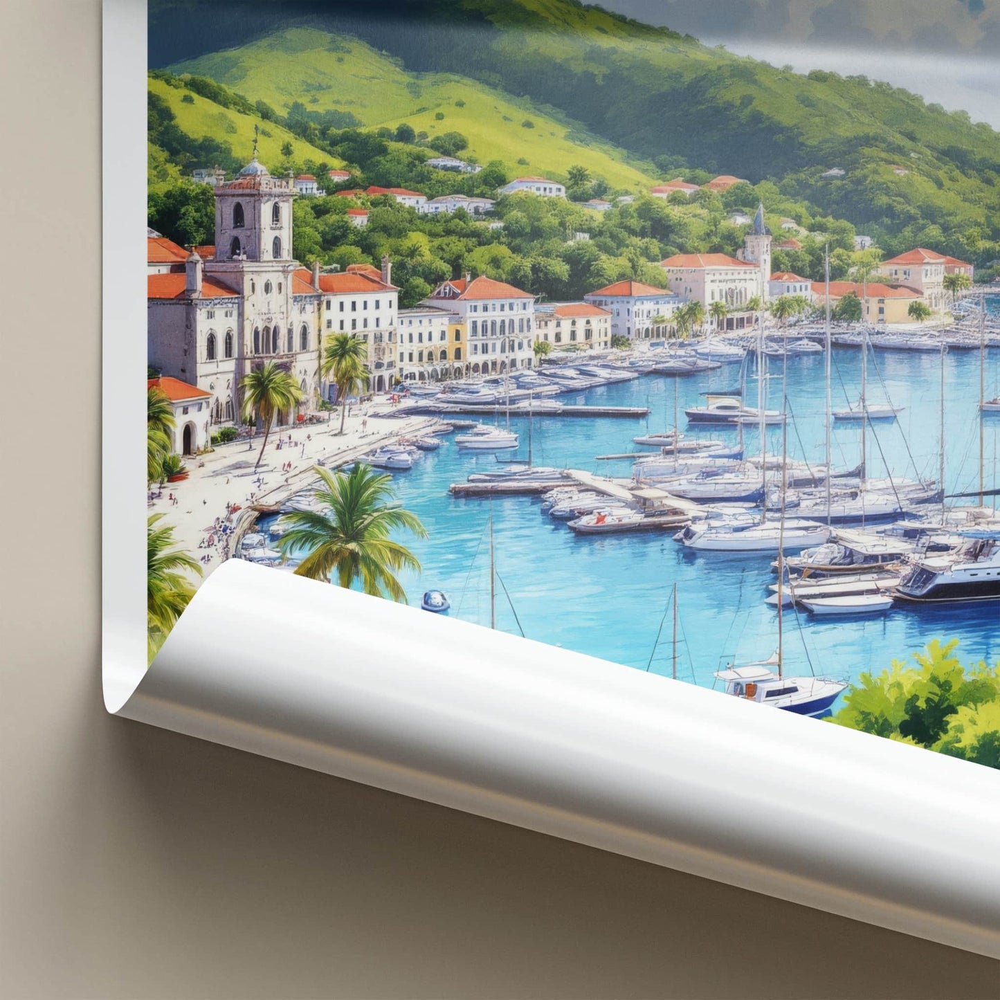 English Harbour Poster - Antigua Travel Print - Marina Yachts Green Hills Home Decor