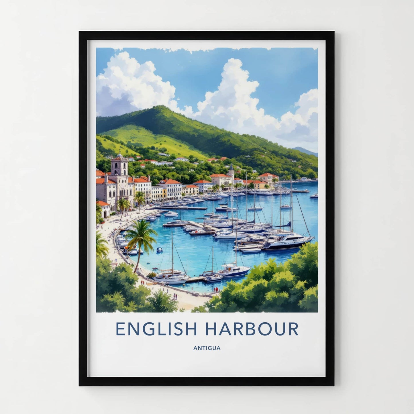 English Harbour Poster - Antigua Travel Print - Marina Yachts Green Hills Home Decor