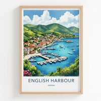 English Harbour Poster - Antigua Travel Print - Vibrant Marina Landscape Wall Decor