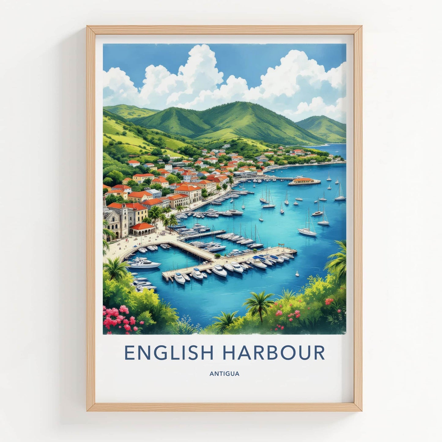 English Harbour Poster - Antigua Travel Print - Vibrant Marina Landscape Wall Decor
