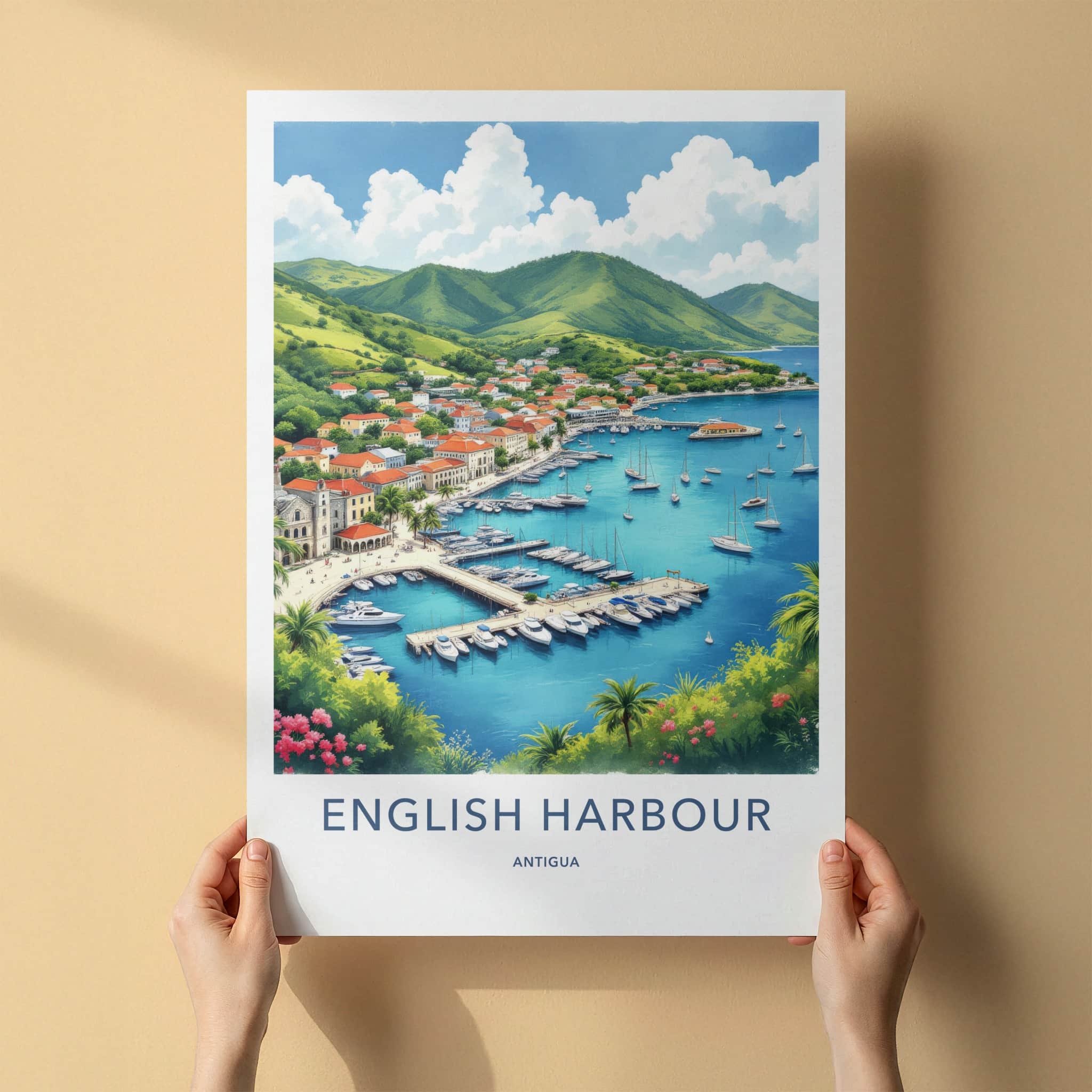 English Harbour Poster - Antigua Travel Print - Vibrant Marina Landscape Wall Decor