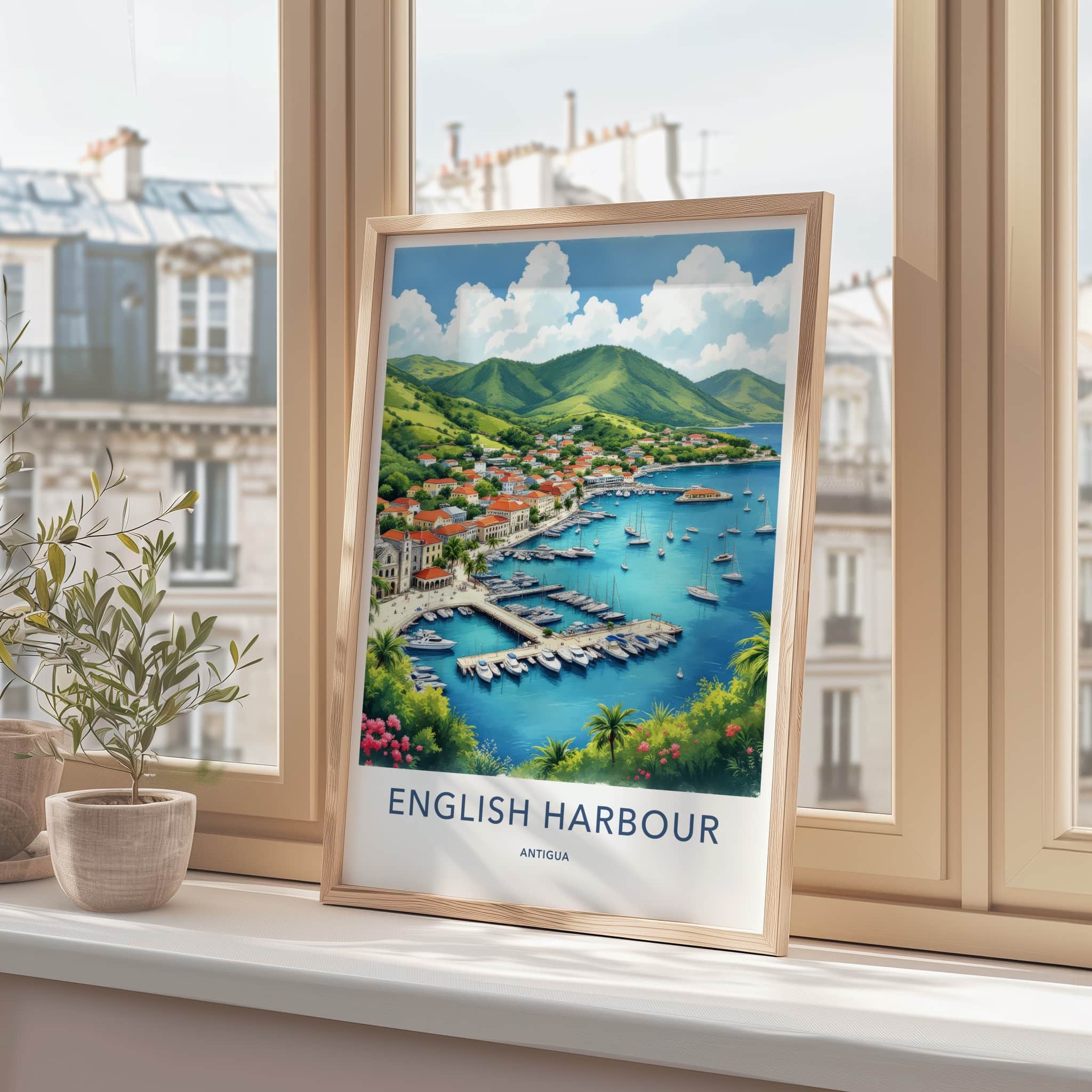 English Harbour Poster - Antigua Travel Print - Vibrant Marina Landscape Wall Decor