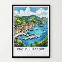 English Harbour Poster - Antigua Travel Print - Vibrant Marina Landscape Wall Decor