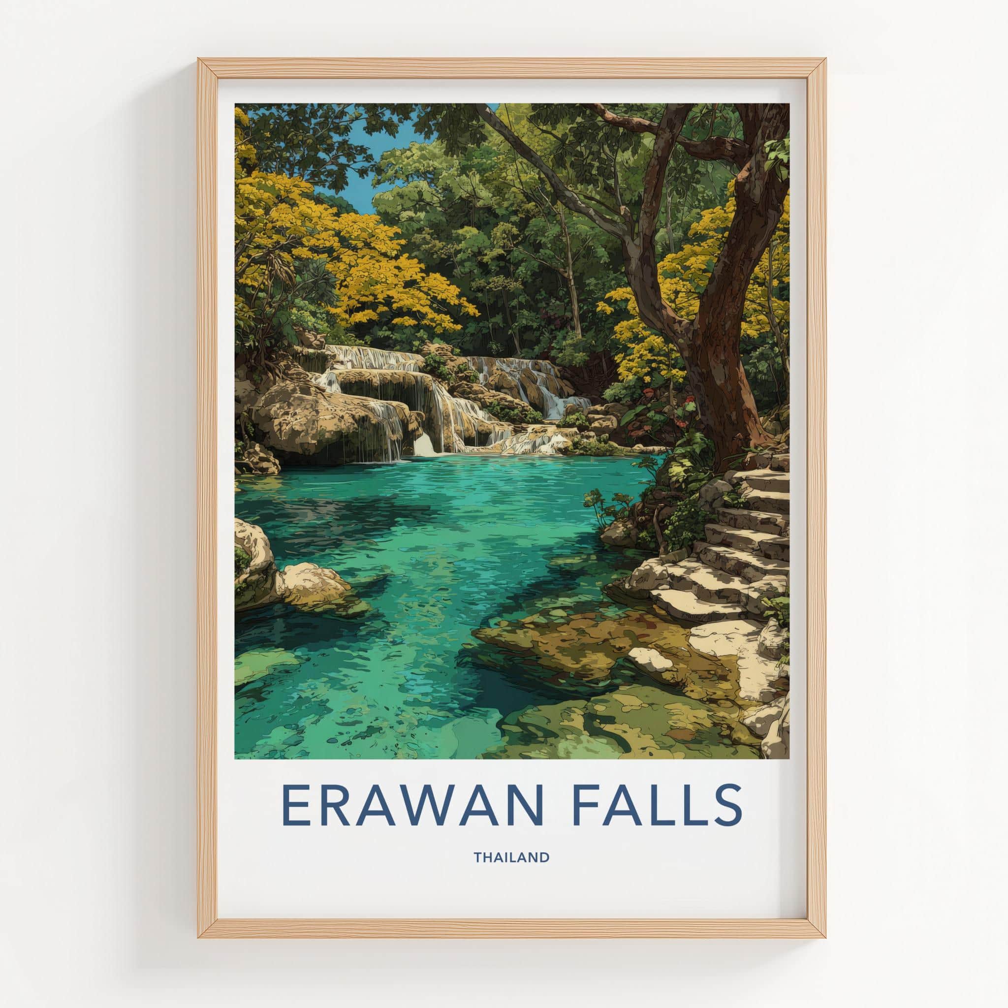 Erawan Falls Poster - Thailand Travel Art - Cascading Pools Green Wall Decor