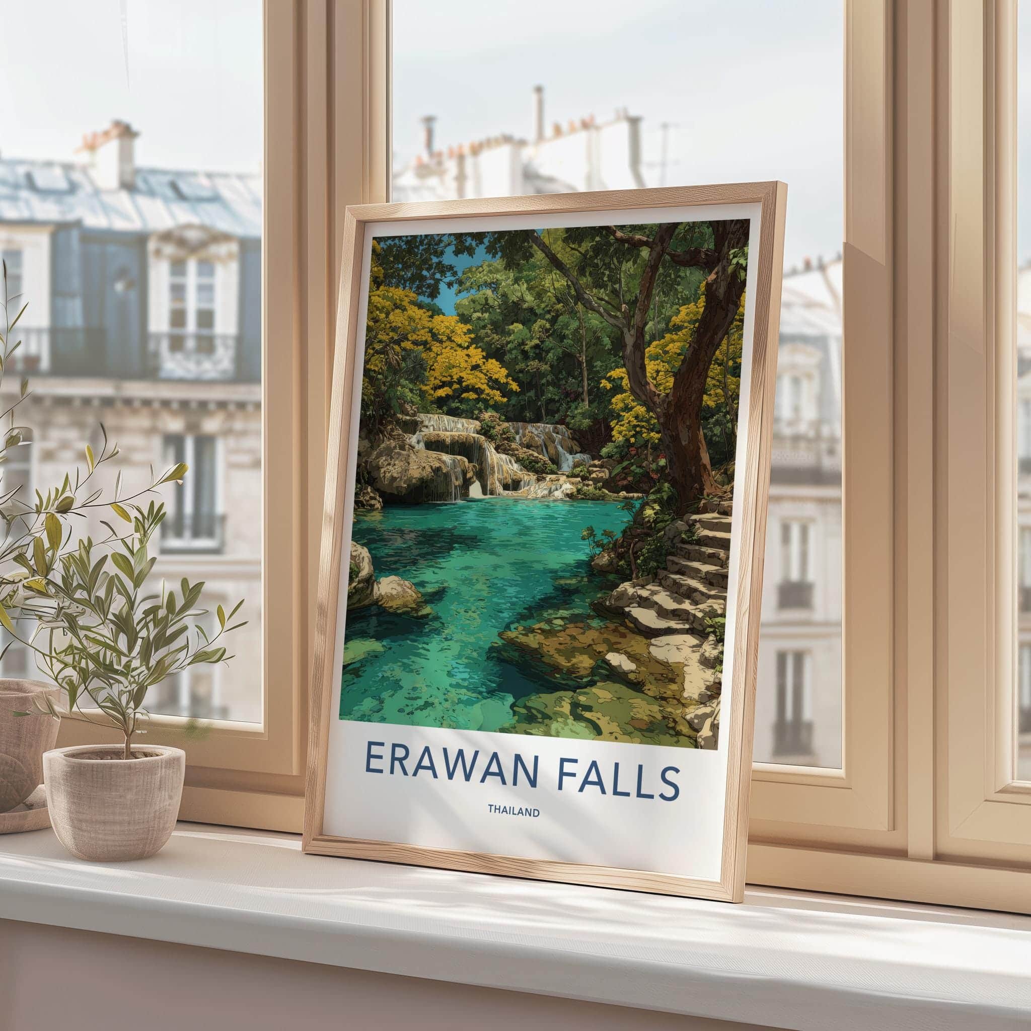 Erawan Falls Poster - Thailand Travel Art - Cascading Pools Green Wall Decor