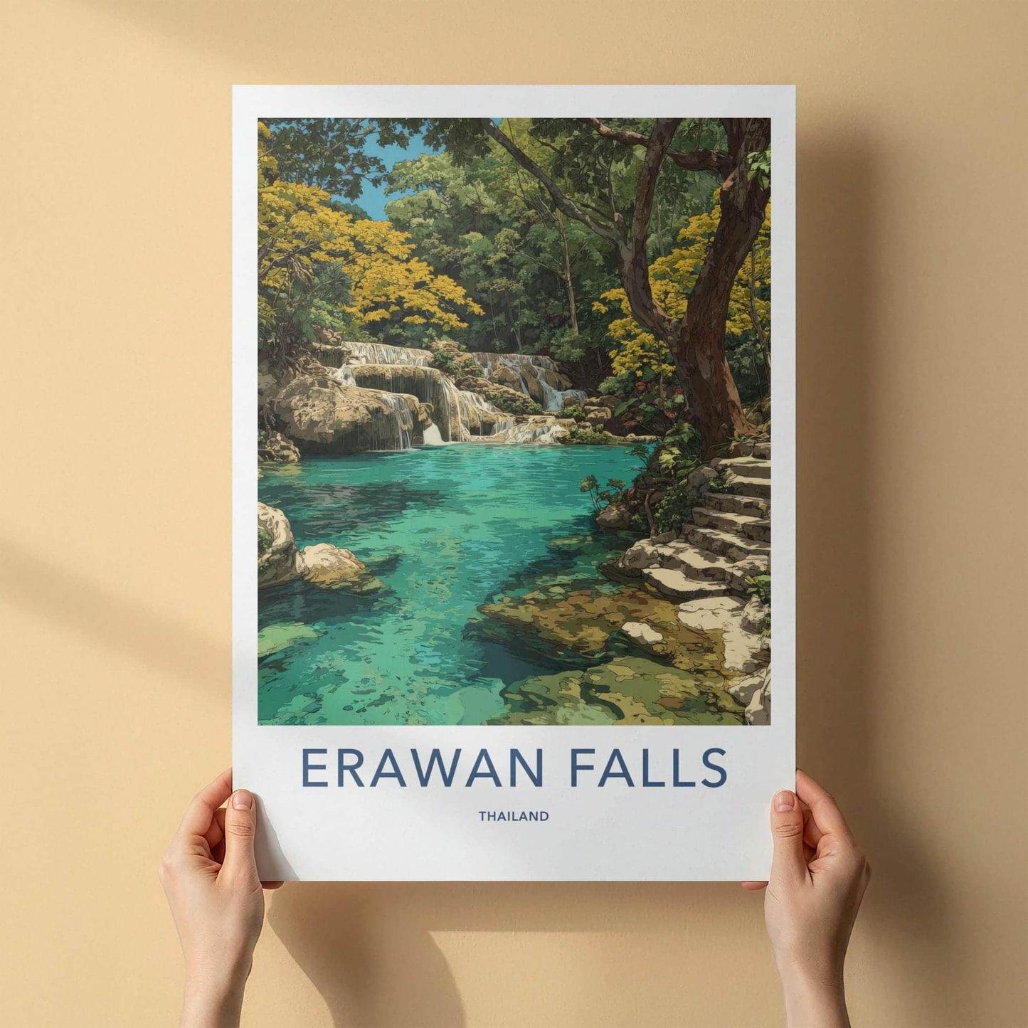 Erawan Falls Poster - Thailand Travel Art - Cascading Pools Green Wall Decor