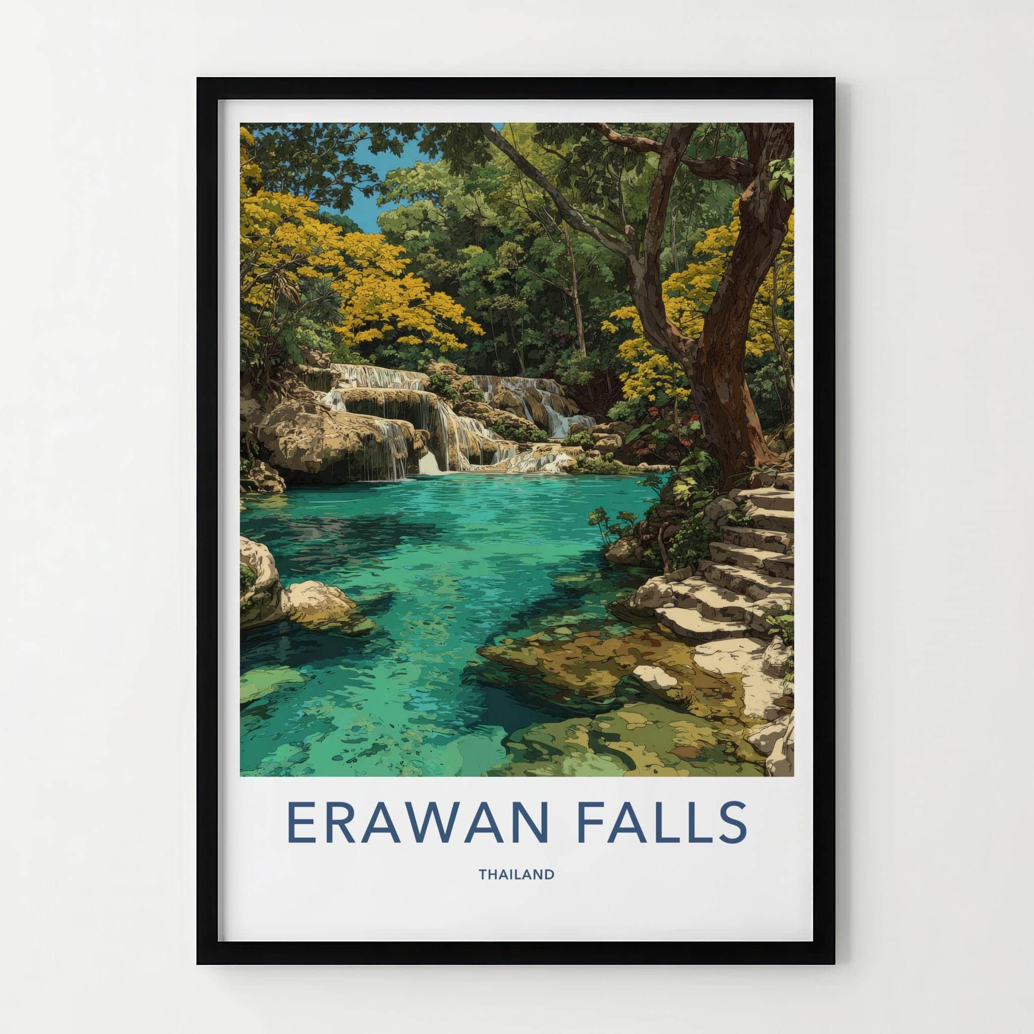 Erawan Falls Poster - Thailand Travel Art - Cascading Pools Green Wall Decor