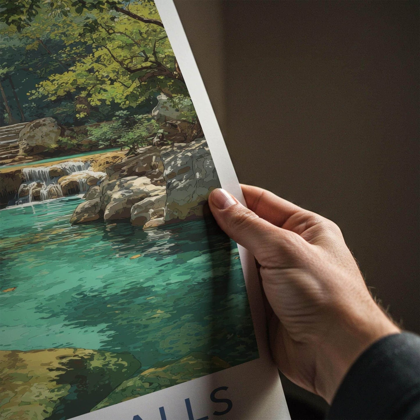 Erawan Falls Poster - Thailand Travel Art - Turquoise Tiers Forest Home Decor