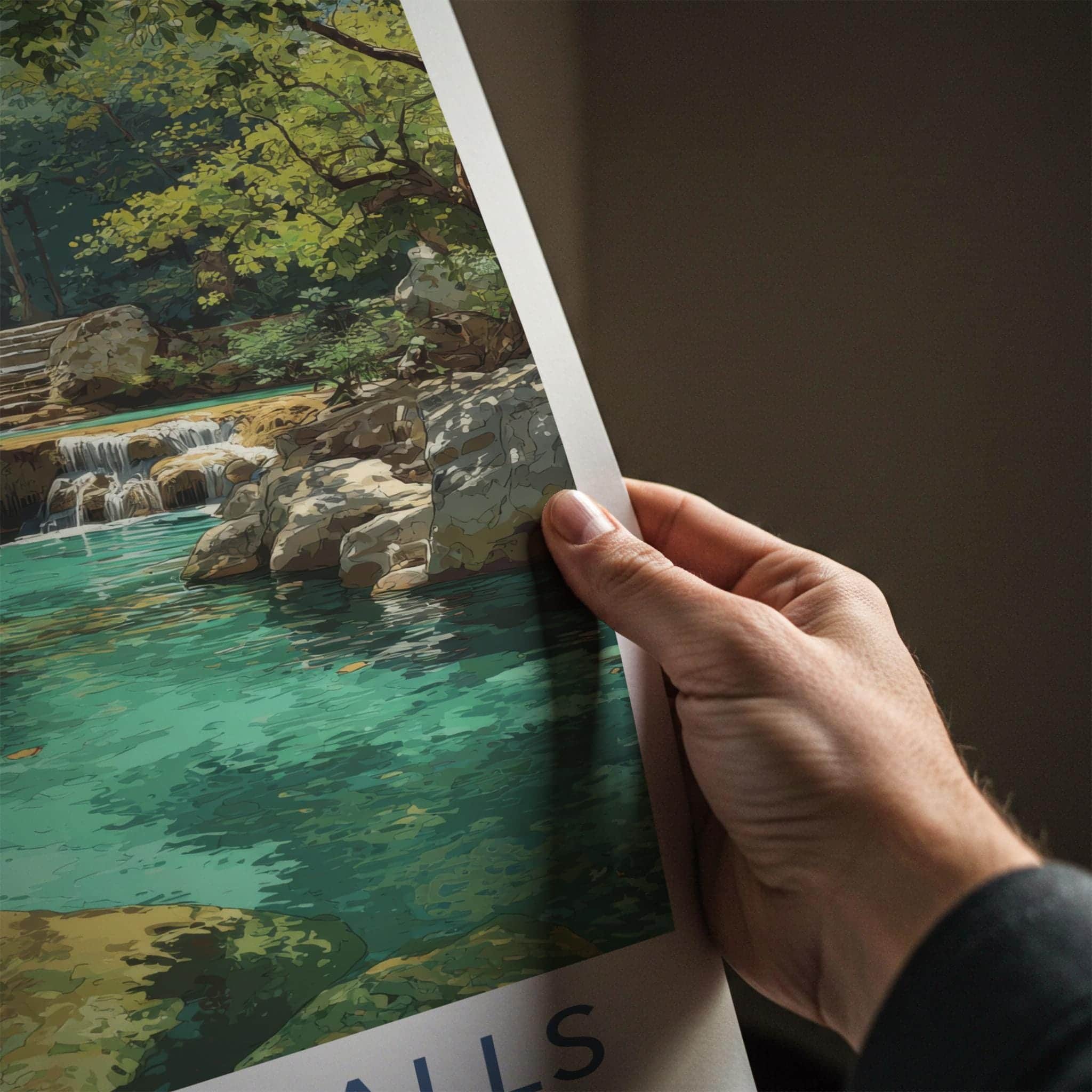 Erawan Falls Poster - Thailand Travel Art - Turquoise Tiers Forest Home Decor