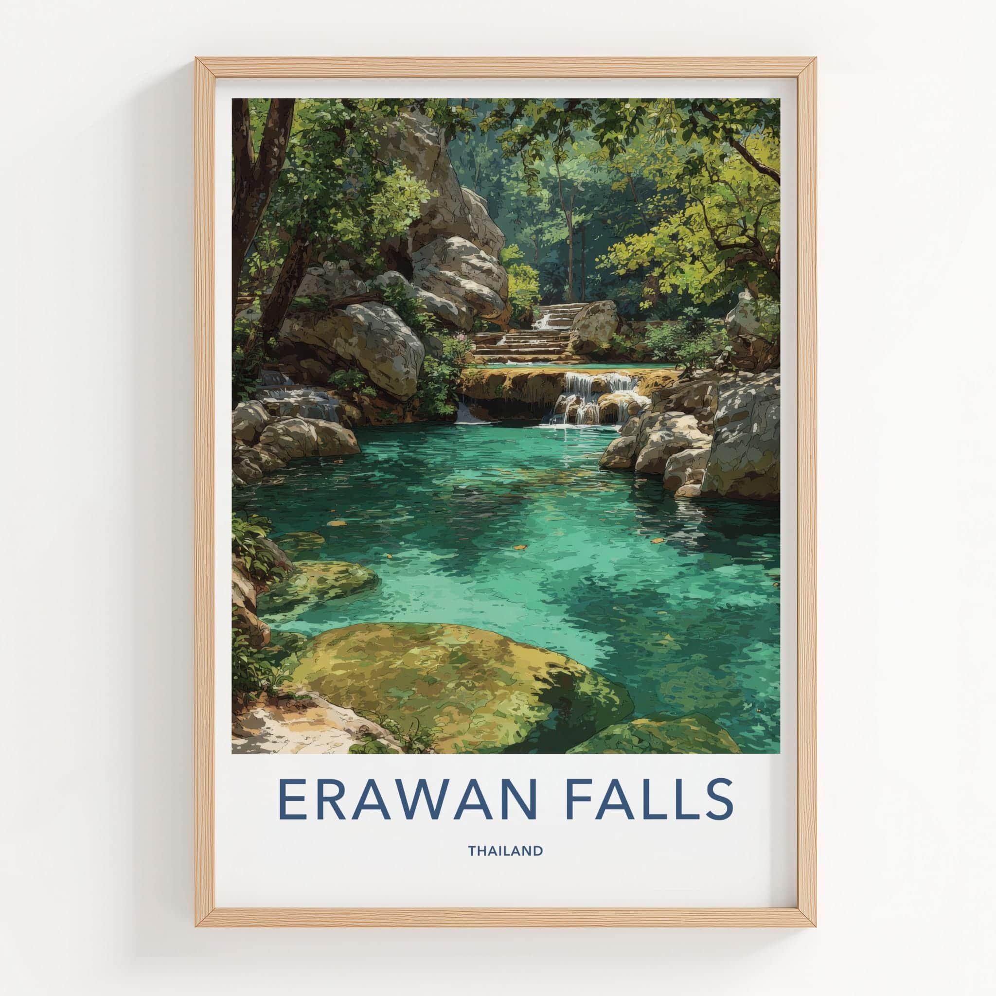 Erawan Falls Poster - Thailand Travel Art - Turquoise Tiers Forest Home Decor