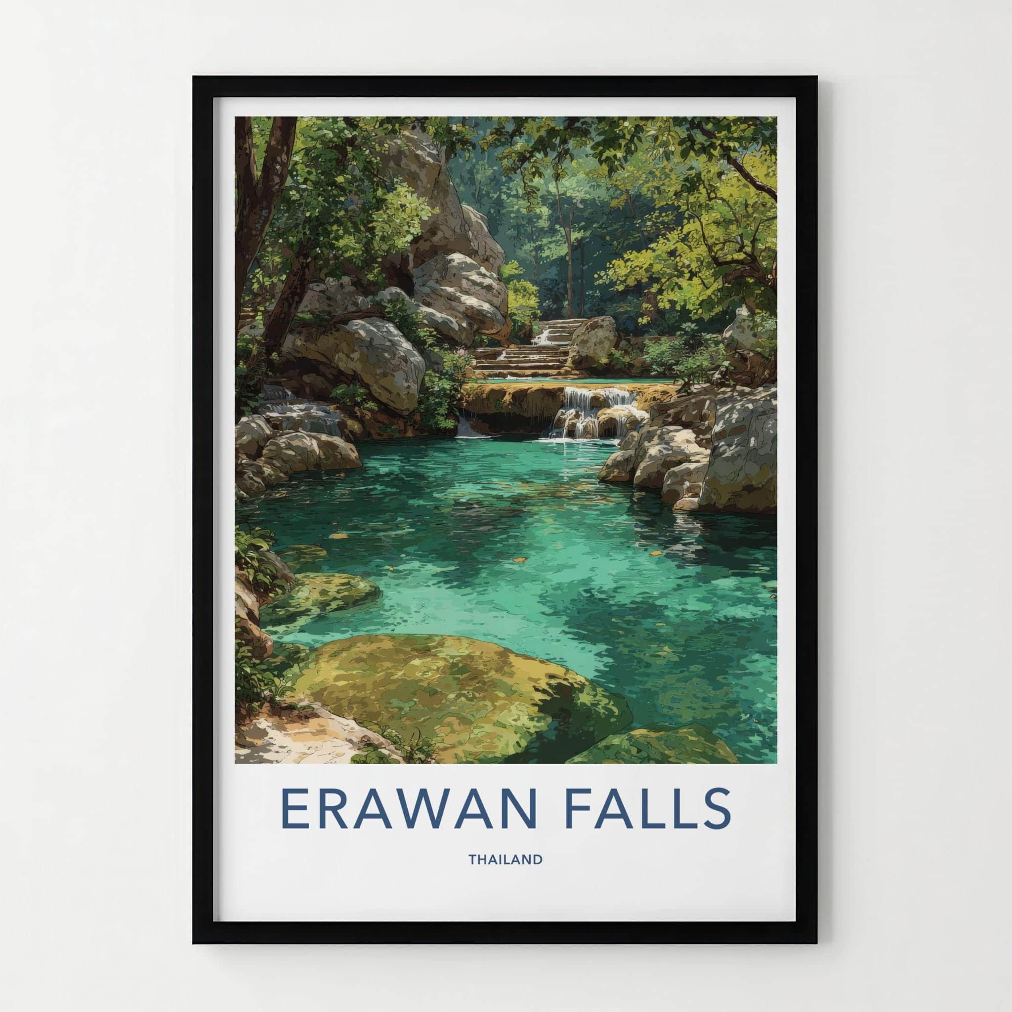 Erawan Falls Poster - Thailand Travel Art - Turquoise Tiers Forest Home Decor