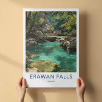 Erawan Falls Poster - Thailand Travel Art - Turquoise Tiers Forest Home Decor