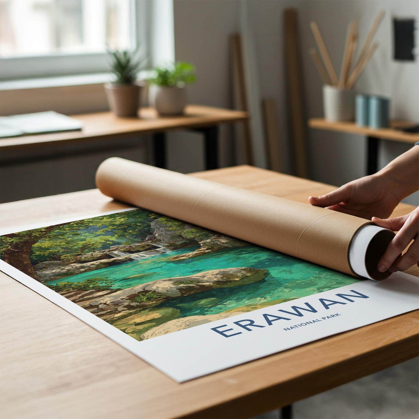 Erawan National Park Poster - Thailand Travel Art - Lush Jungle Waterfalls Home Decor