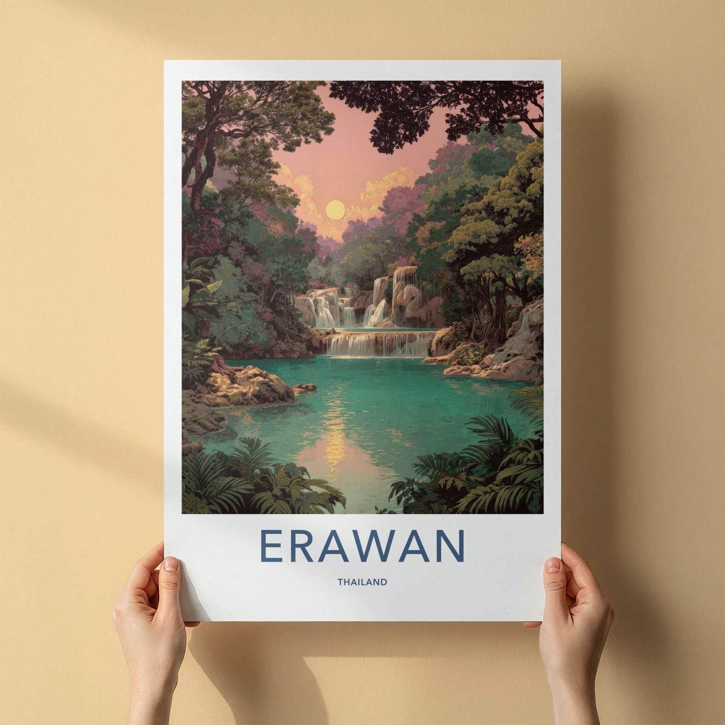 Erawan Poster - Thailand Travel Art - Lush Waterfall Oasis Home Decor