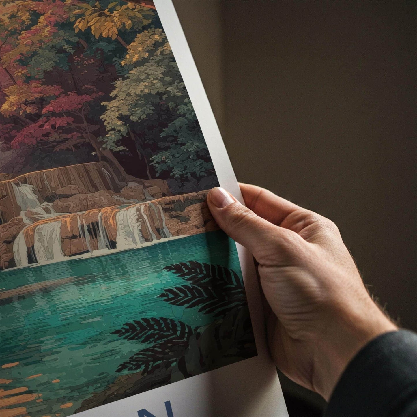 Erawan Poster - Thailand Travel Art - Tropical Cascading Water Home Decor