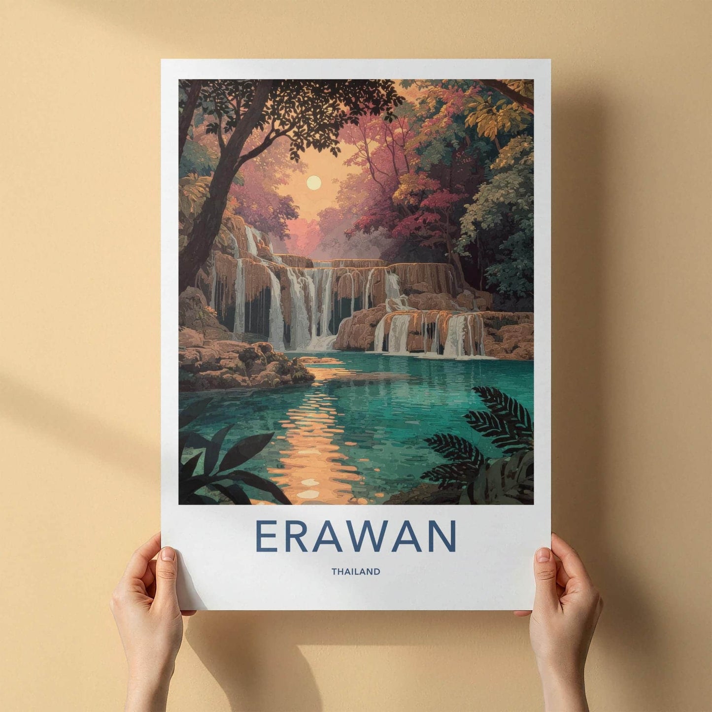 Erawan Poster - Thailand Travel Art - Tropical Cascading Water Home Decor