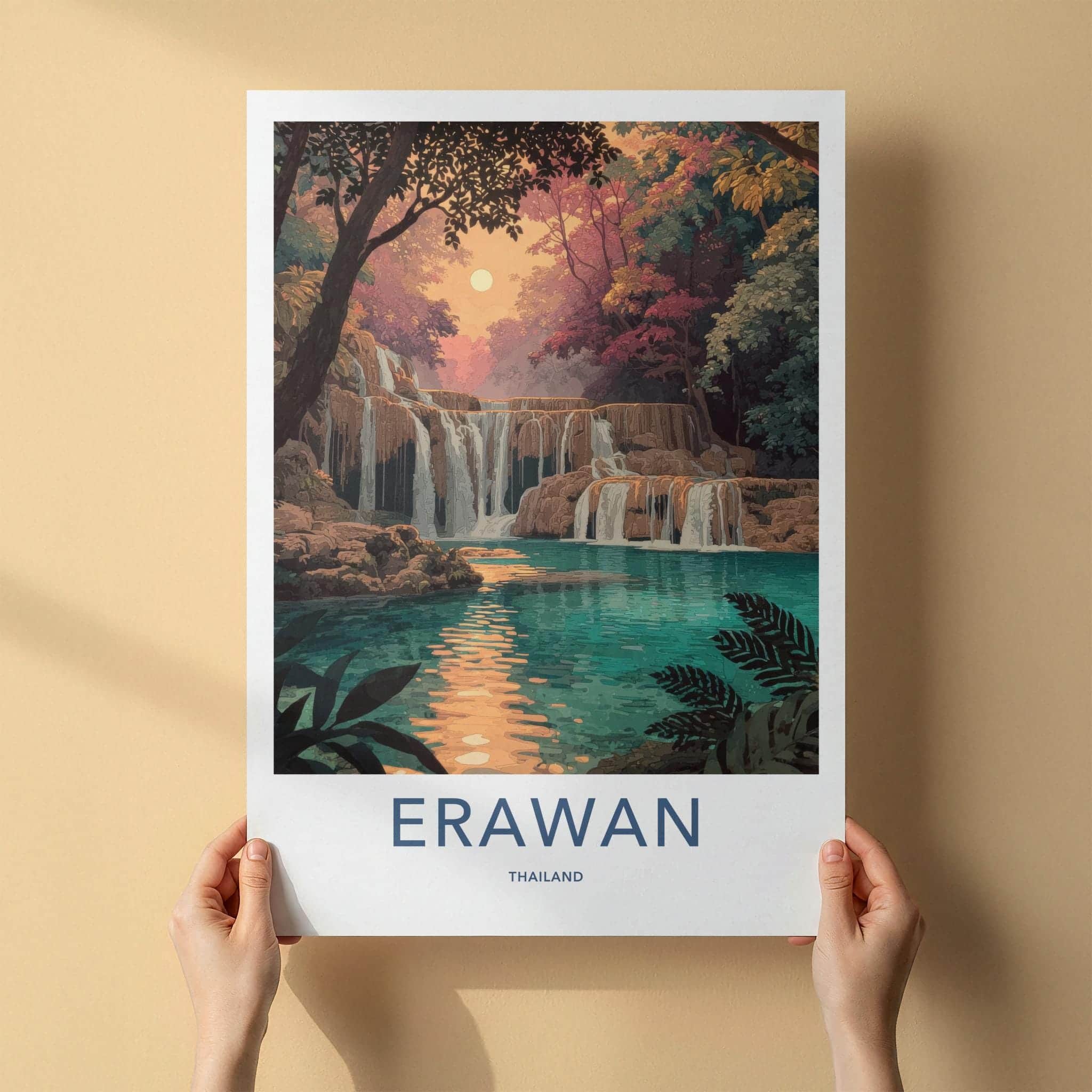 Erawan Poster - Thailand Travel Art - Tropical Cascading Water Home Decor