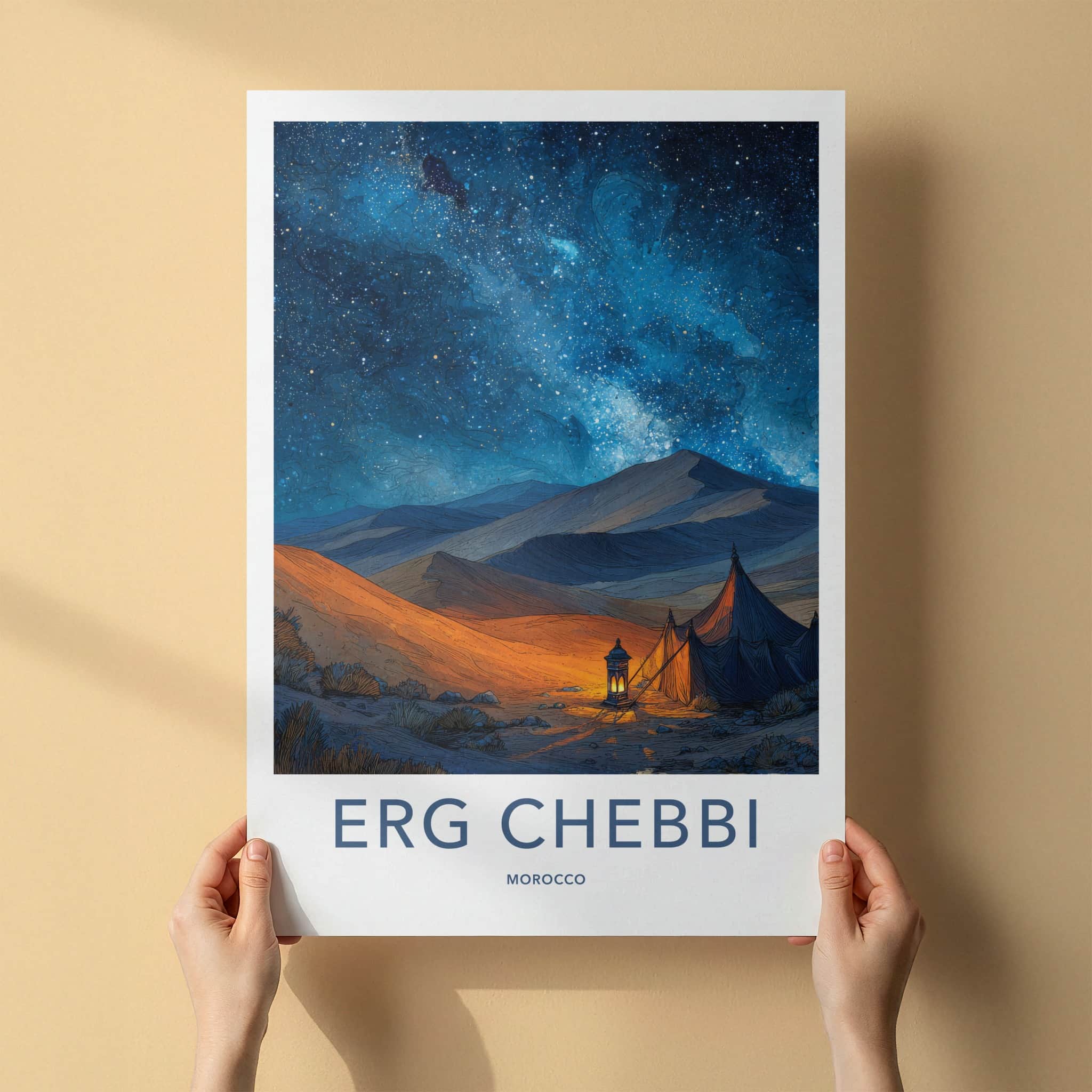Erg Chebbi Poster - Morocco Travel Art - Desert Camp Night Gallery Art