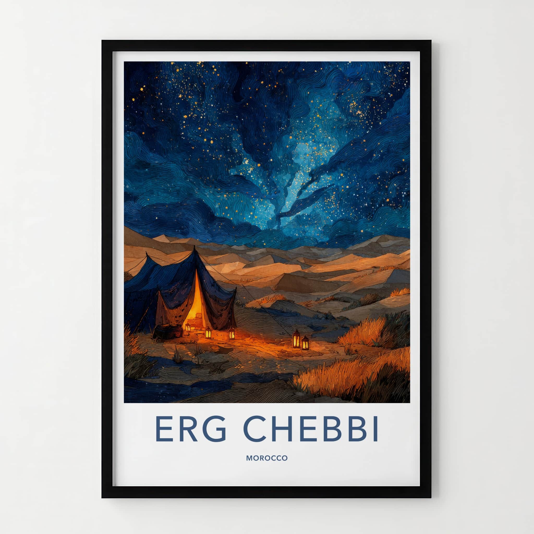 Erg Chebbi Poster - Morocco Travel Art - Starry Desert Camp Home Decor