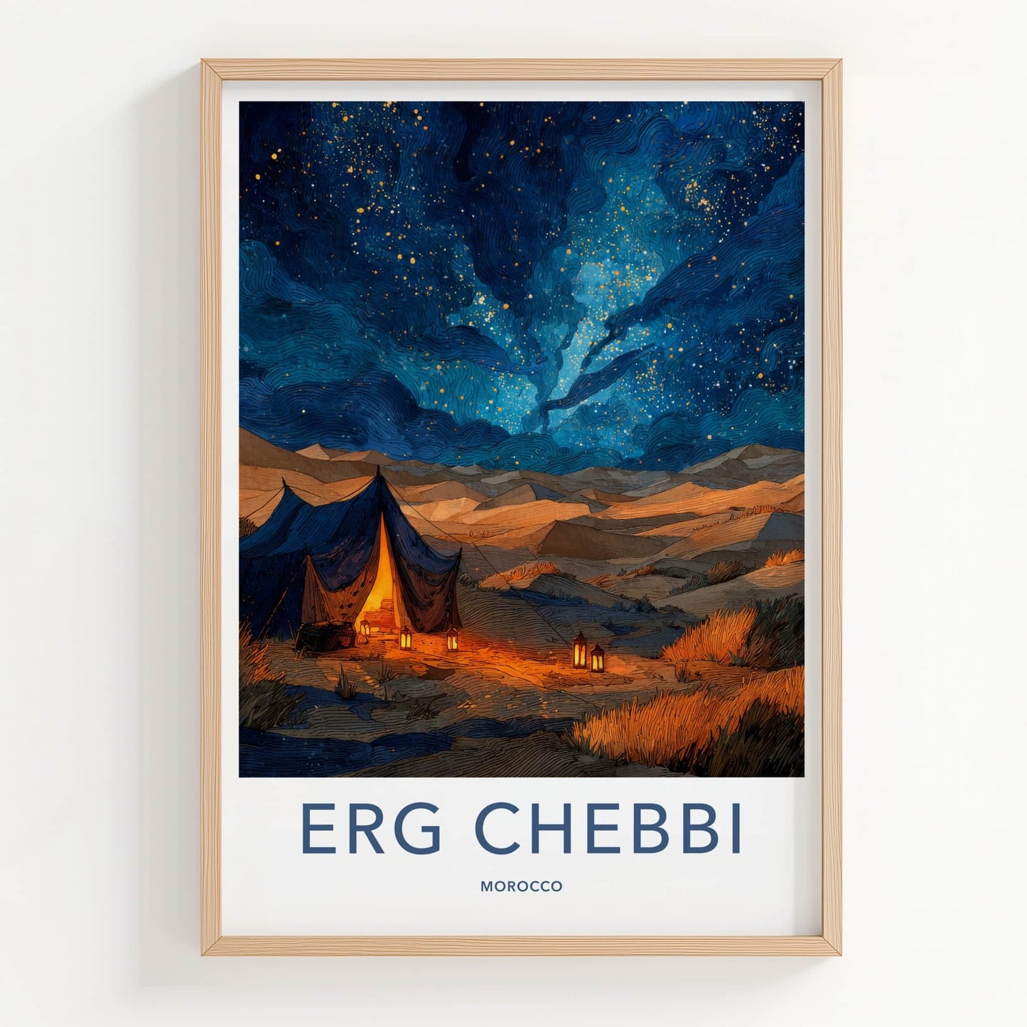 Erg Chebbi Poster - Morocco Travel Art - Starry Desert Camp Home Decor