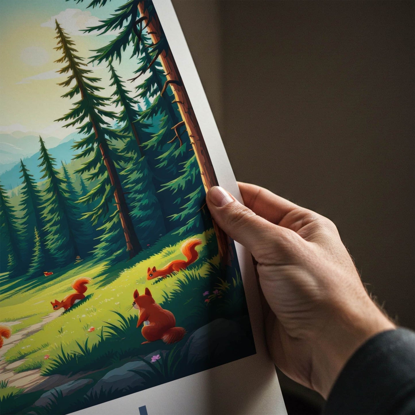 Eryri National Park Poster - Wales Travel Art - Pine trees squirrels Home Decor