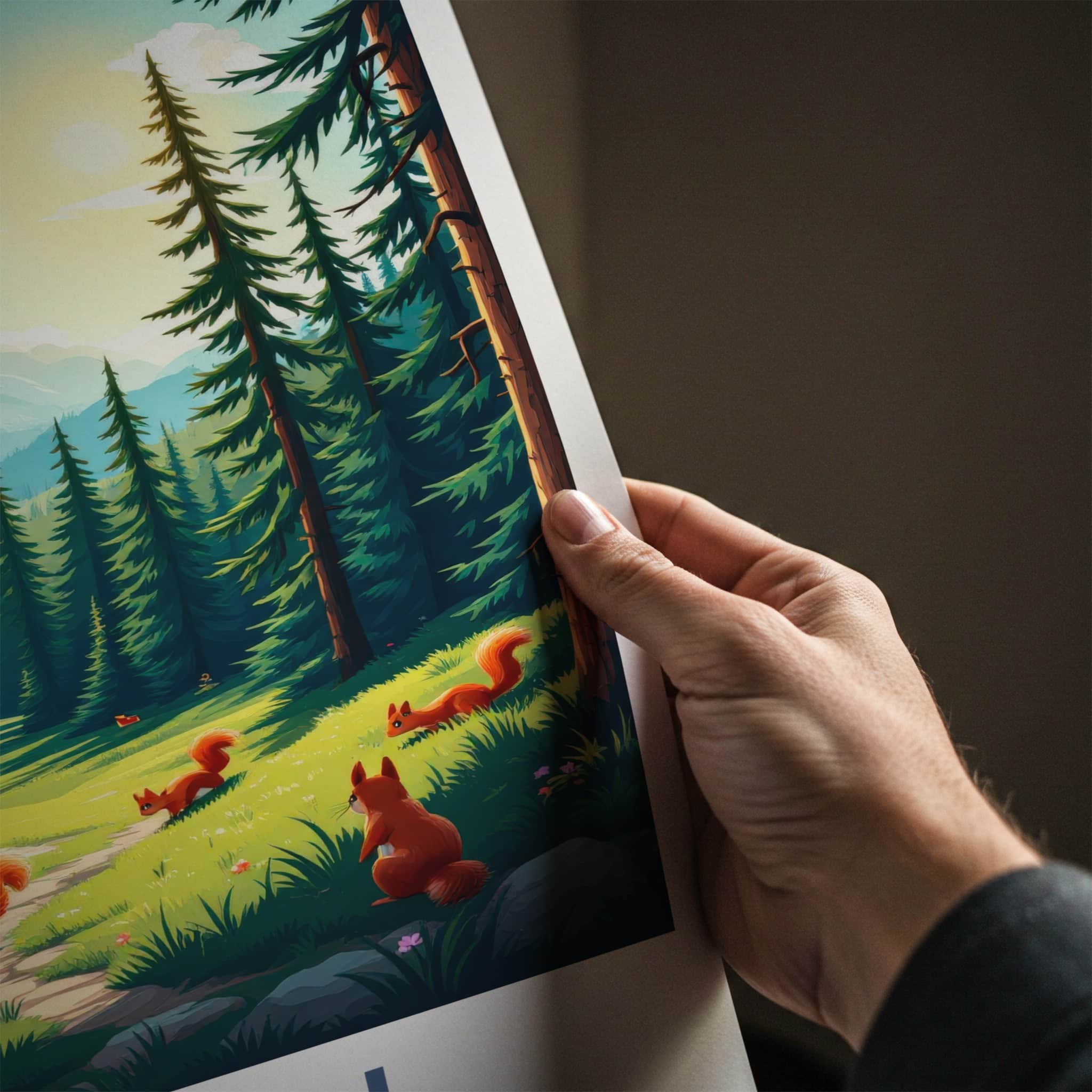 Eryri National Park Poster - Wales Travel Art - Pine trees squirrels Home Decor