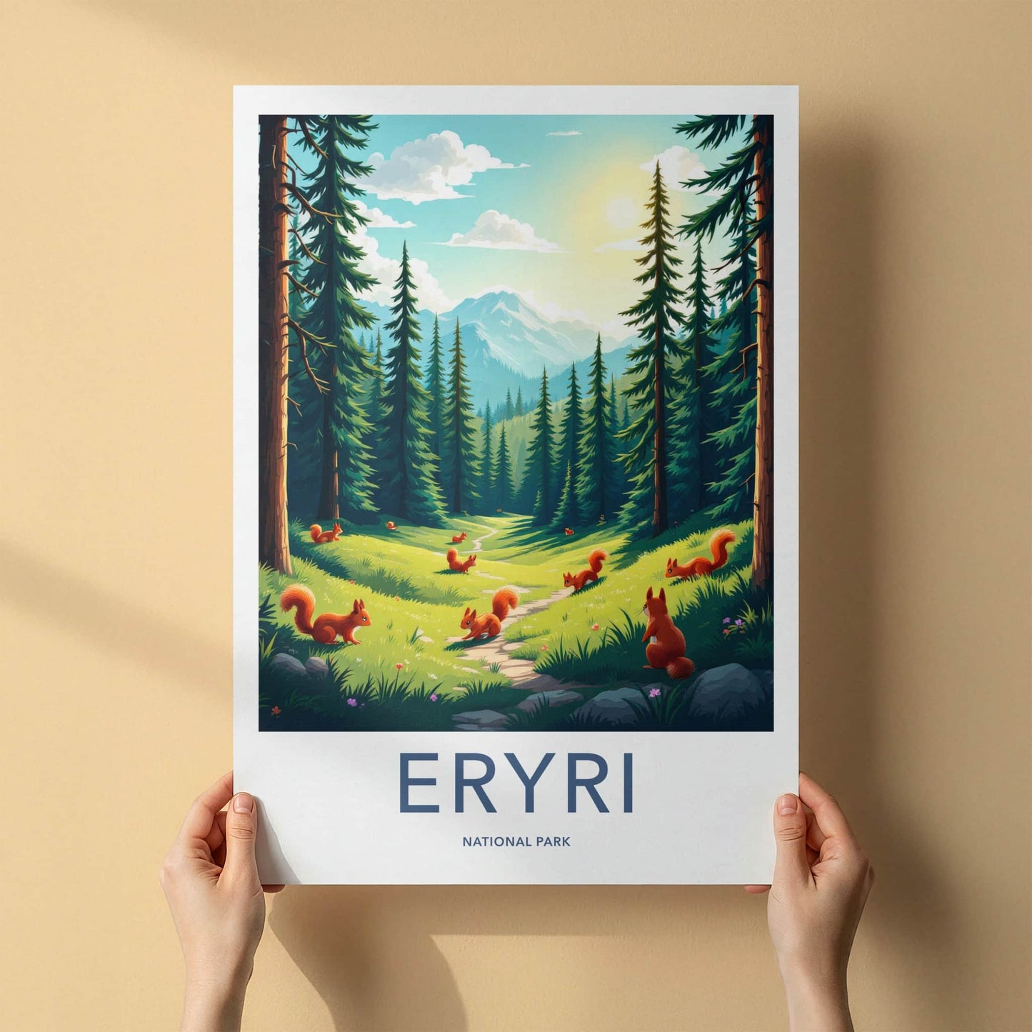 Eryri National Park Poster - Wales Travel Art - Pine trees squirrels Home Decor