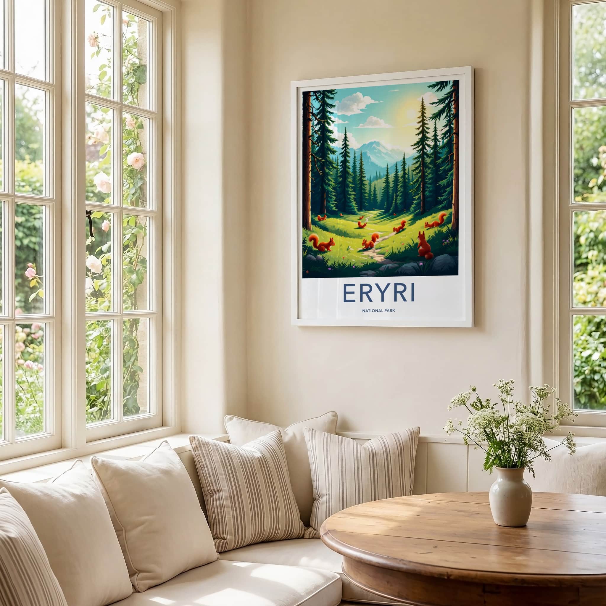 Eryri National Park Poster - Wales Travel Art - Pine trees squirrels Home Decor