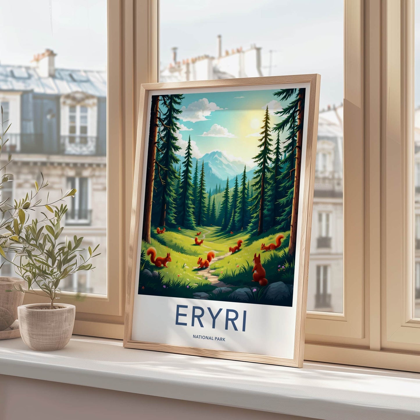 Eryri National Park Poster - Wales Travel Art - Pine trees squirrels Home Decor