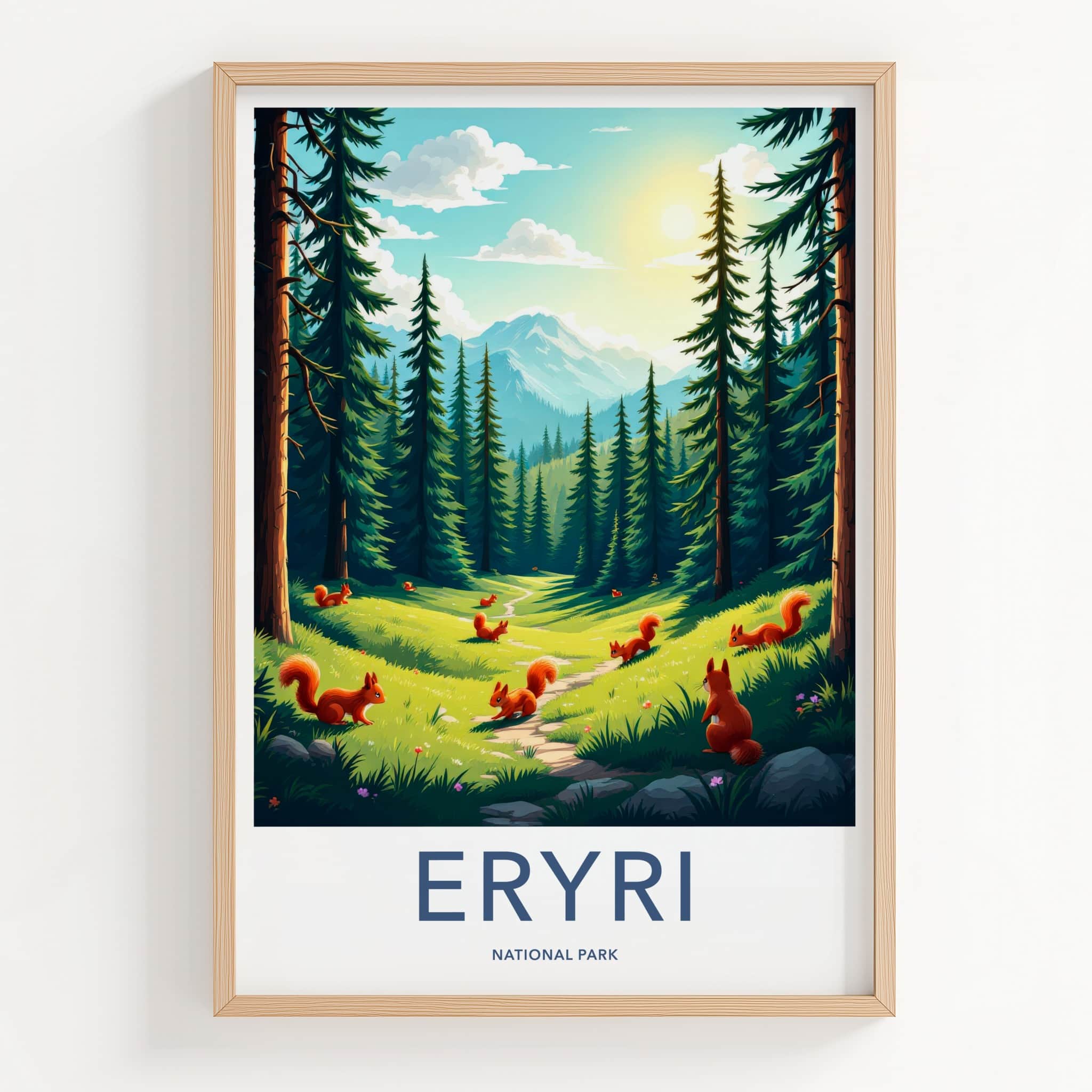 Eryri National Park Poster - Wales Travel Art - Pine trees squirrels Home Decor
