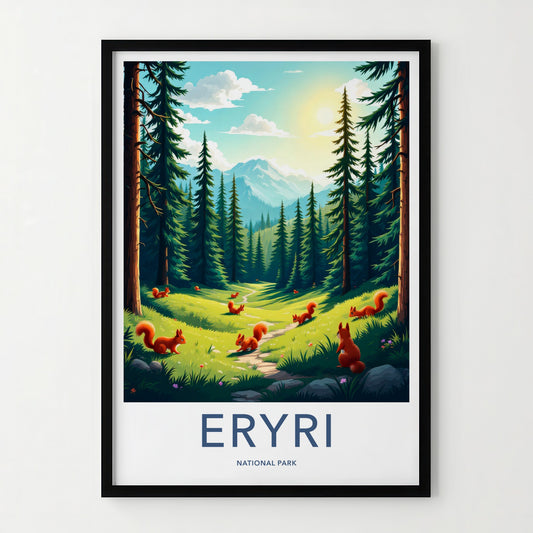 Eryri National Park Poster - Wales Travel Art - Pine trees squirrels Home Decor