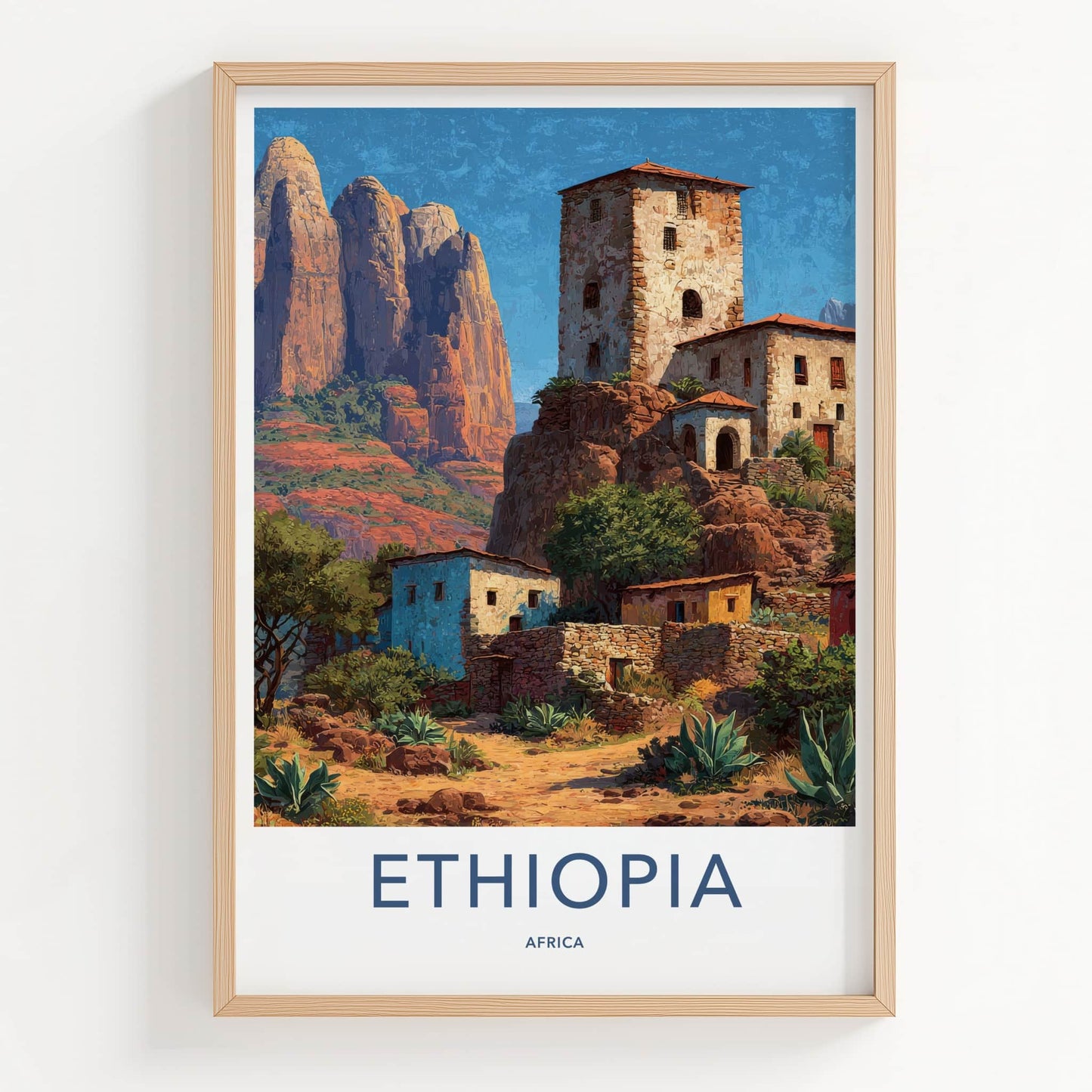 Ethiopia Poster - Africa Travel Art - Ancient Cliffside Village Wall Decor