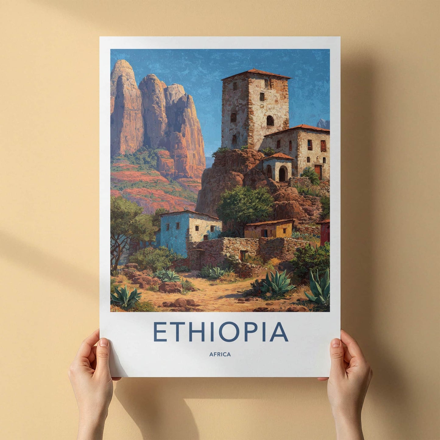 Ethiopia Poster - Africa Travel Art - Ancient Cliffside Village Wall Decor