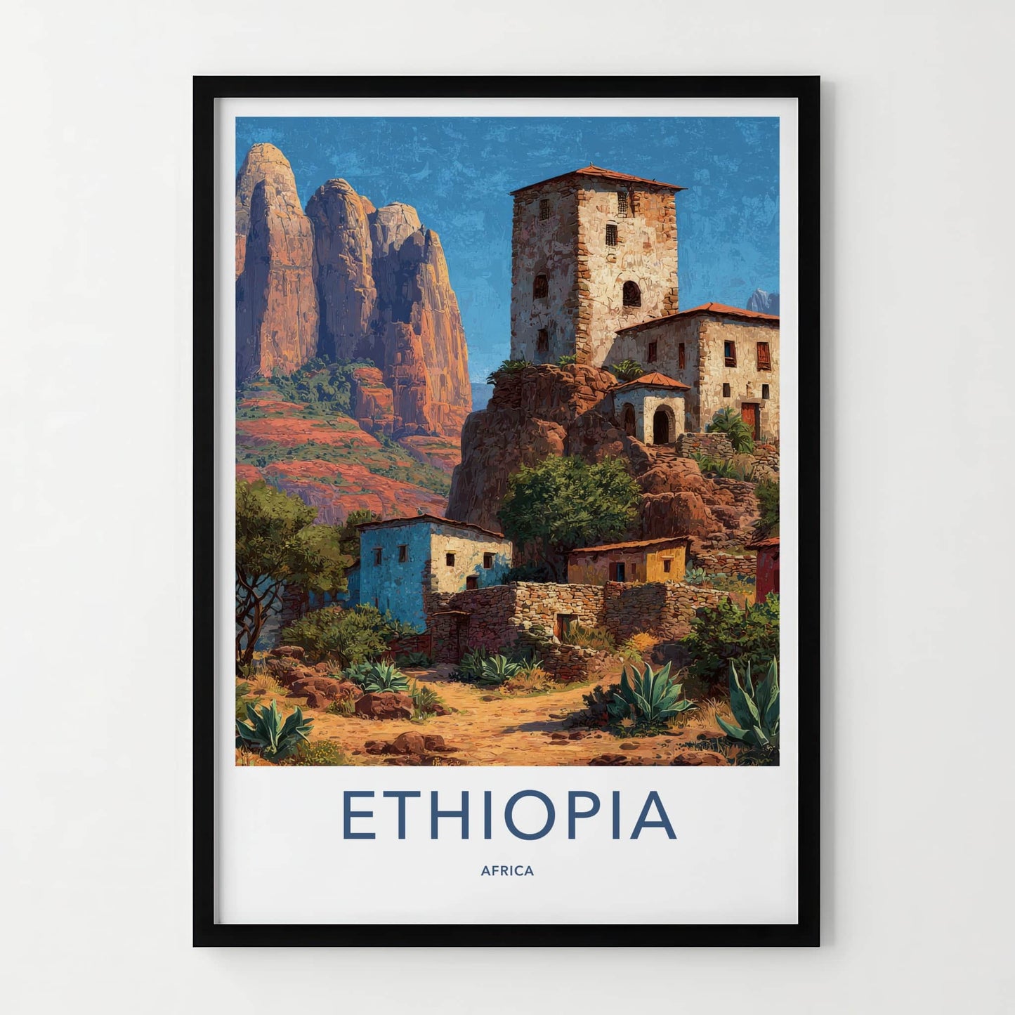 Ethiopia Poster - Africa Travel Art - Ancient Cliffside Village Wall Decor