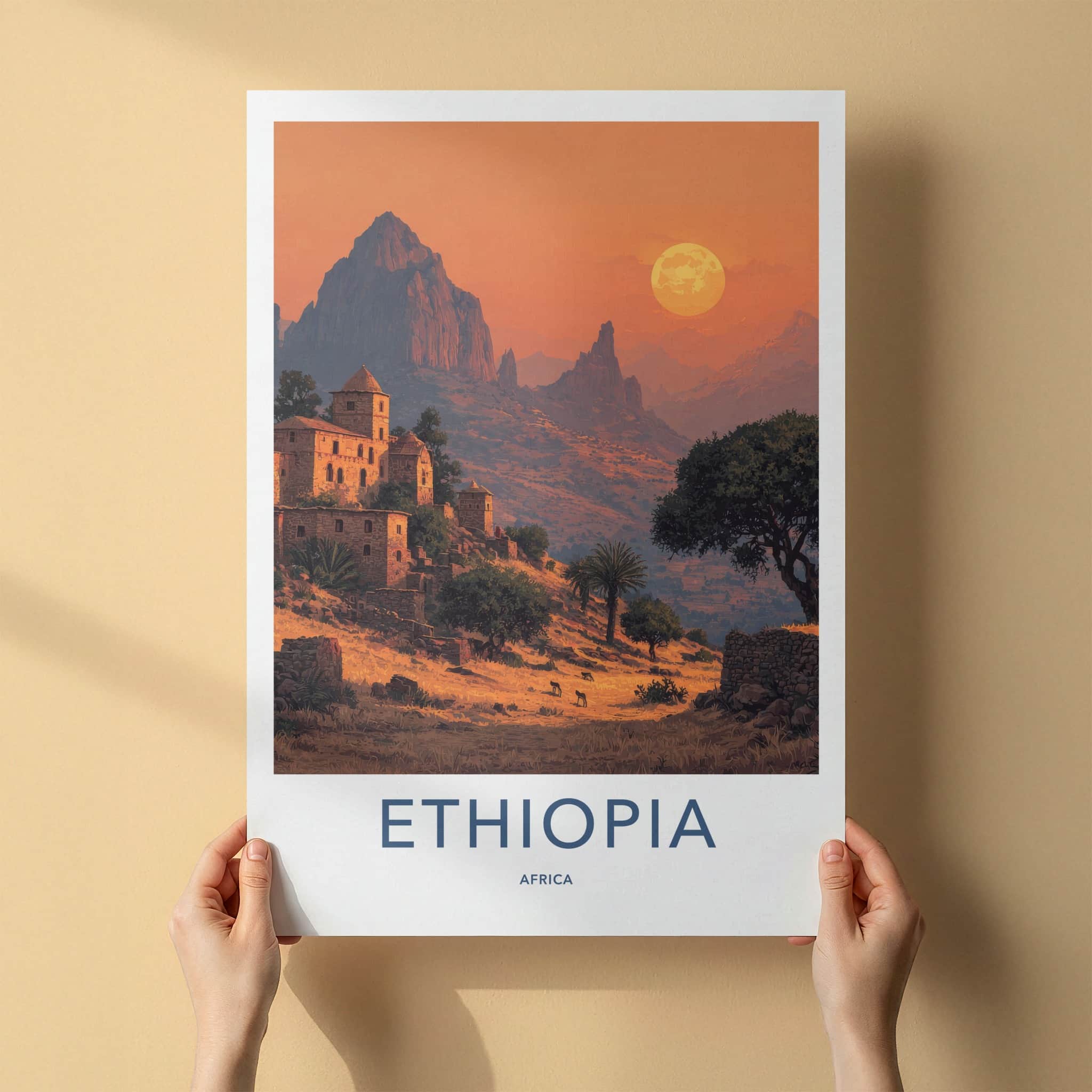 Ethiopia Poster - Africa Travel Art - Ancient Village Sunset Home Decor