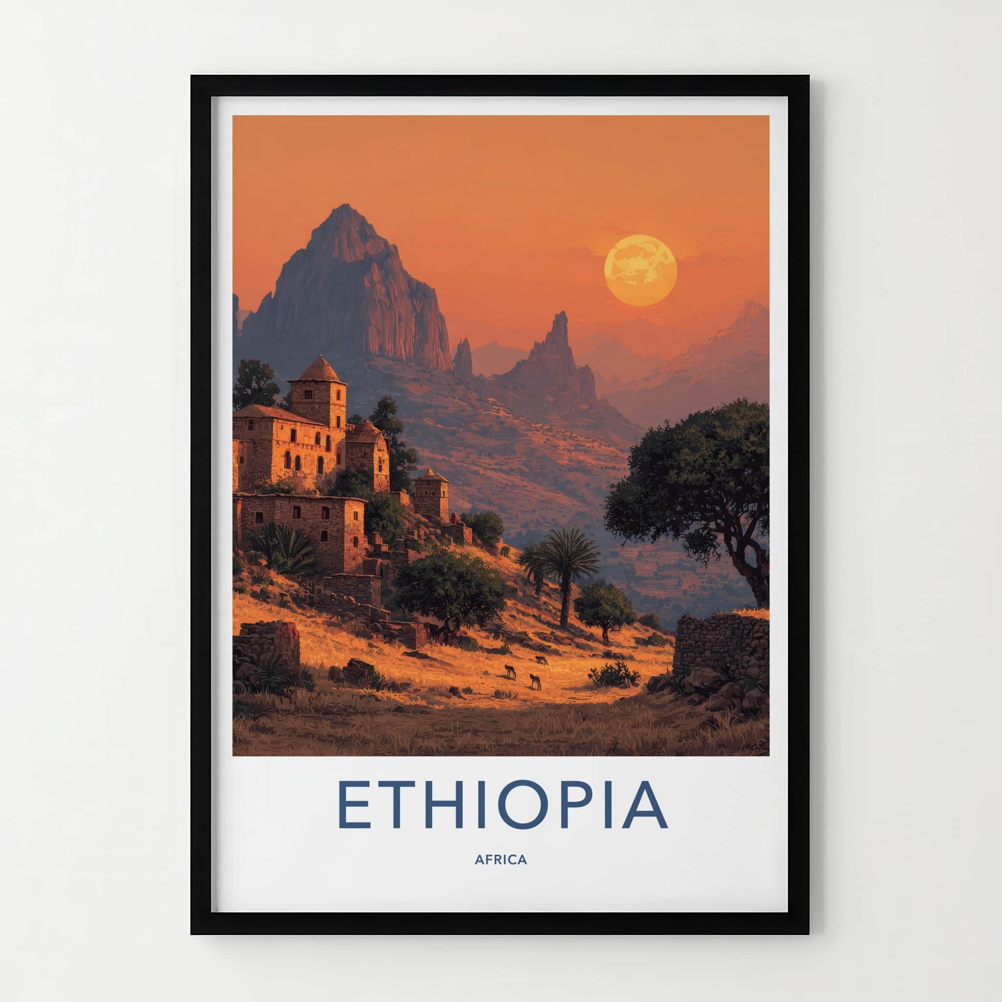 Ethiopia Poster - Africa Travel Art - Ancient Village Sunset Home Decor