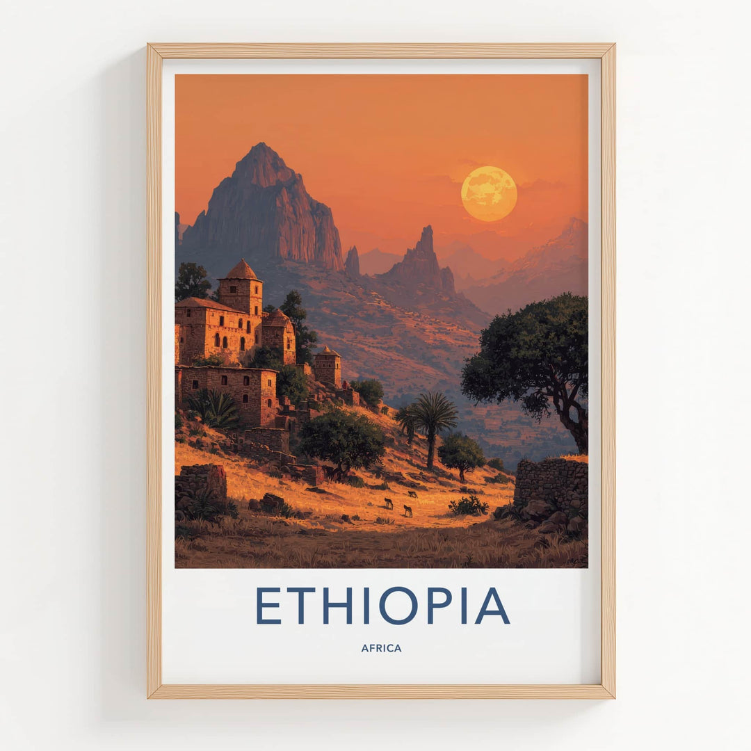 Ethiopia Poster - Africa Travel Art - Ancient Village Sunset Home Decor